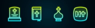 Mezar taşını, İncil 'i, Hıristiyan kilise kulesini ve haçı sıralayın. Parlayan neon ikonu. Vektör