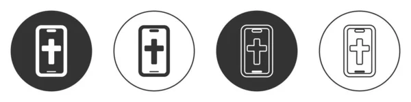 Croix chrétienne noire sur l'icône du téléphone portable isolé sur fond blanc. Croix d'église. Cercle bouton. Vecteur — Image vectorielle
