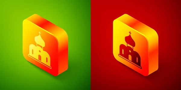 Isometric Church building icon isolated on green and red background. Christian Church. Religion of church. Square button. Vector — Stock Vector