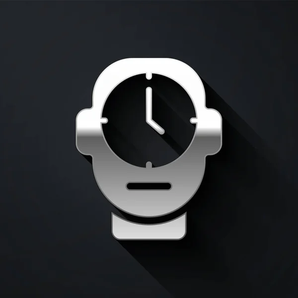 Icono del reloj de plata aislado sobre fondo negro. Símbolo de tiempo. Estilo de sombra larga. Vector — Vector de stock