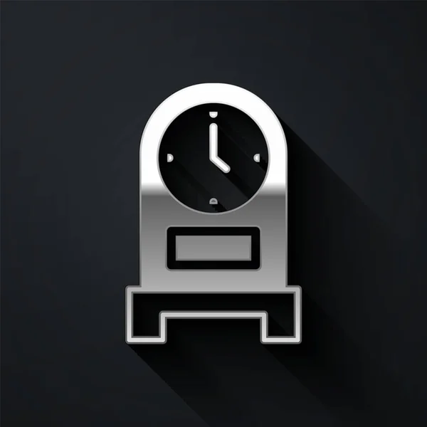 Silver Antique clock icon isolated on black background. Long shadow style. Vector — Stockvektor