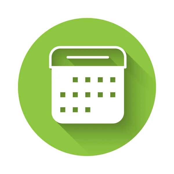 White Calendar icon isolated with long shadow background. Event reminder symbol. Green circle button. Vector — Image vectorielle