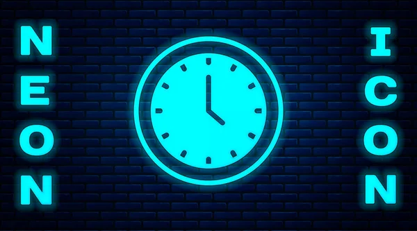Иконка светящихся неоновых часов изолирована на фоне кирпичной стены. Символ времени. Вектор — стоковый вектор