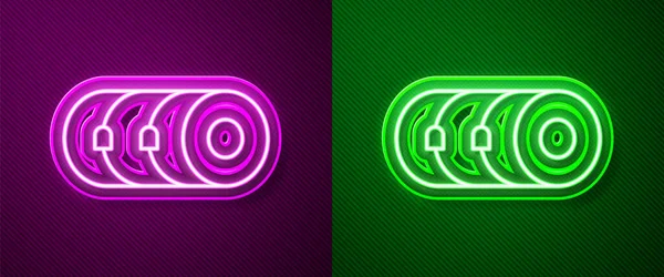 Parlayan neon çizgisi battaniye rulo simgesi mor ve yeşil arkaplanda izole edildi. Kamp paspası. Vektör