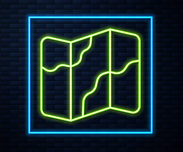 Glowing neon line Camping and hiking on map icon isolated on brick wall background. Vector — Archivo Imágenes Vectoriales