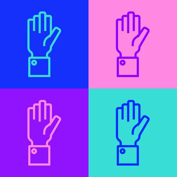 Pop art line Hand holding auction icon isolated on color background. Bidding concept. Auction competition. Vector — Vector de stock