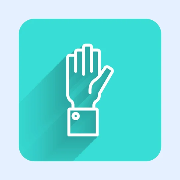 White line Hand holding auction icon isolated with long shadow background. Bidding concept. Auction competition. Green square button. Vector — Archivo Imágenes Vectoriales
