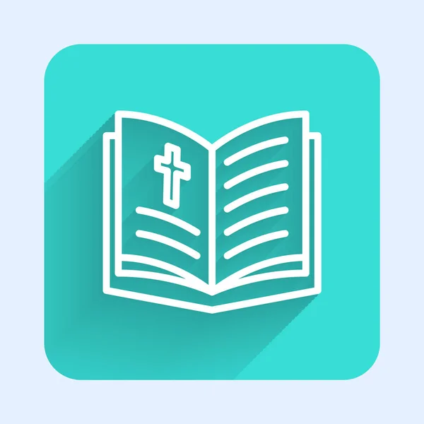 White line Holy bible book icon isolated with long shadow background. Green square button. Vector — Image vectorielle
