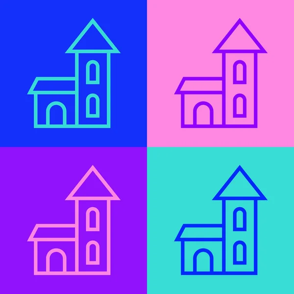 Pop art line Kerk gebouw pictogram geïsoleerd op kleur achtergrond. Christelijke Kerk. Religie van de kerk. Vector — Stockvector