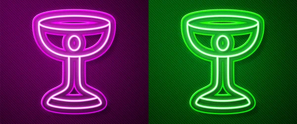 Светящаяся неоновая линия христианской чаши икона выделена на фиолетовом и зеленом фоне. Икона христианства Счастливой Пасхи. Вектор — стоковый вектор
