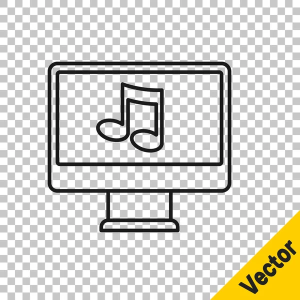 Ligne noire Ordinateur avec symbole de note de musique sur l'icône de l'écran isolé sur fond transparent. Vecteur — Image vectorielle
