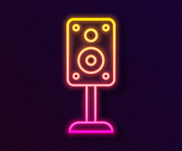 Glowing neon line Stereo speaker icon isolated on black background. Suara speaker sistem. Ikon musik. Peralatan speaker musik kolom bass. Vektor - Stok Vektor