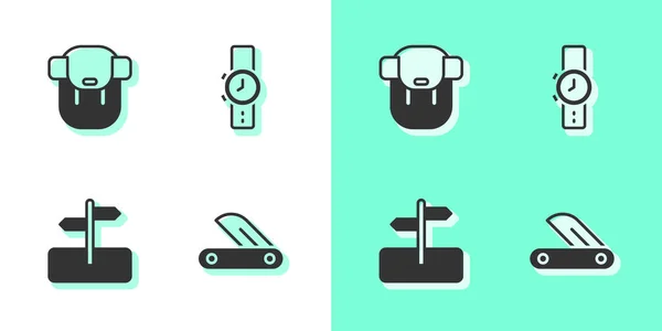 Set Swiss army knife, Hiking backpack, Road traffic sign and Wrist watch icon. Vector — Stock Vector