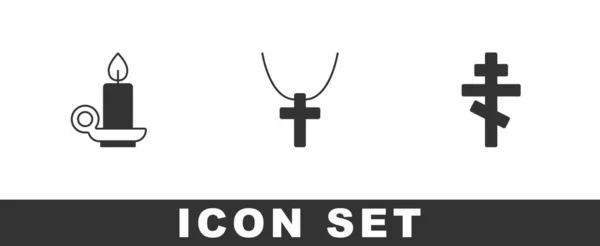 Set Burning candle in candlestick, Christian cross on chain and icon. Vector — Vector de stock