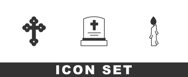 Set Christian cross, Grave with tombstone and Burning candle icon. Vector — Stockvektor