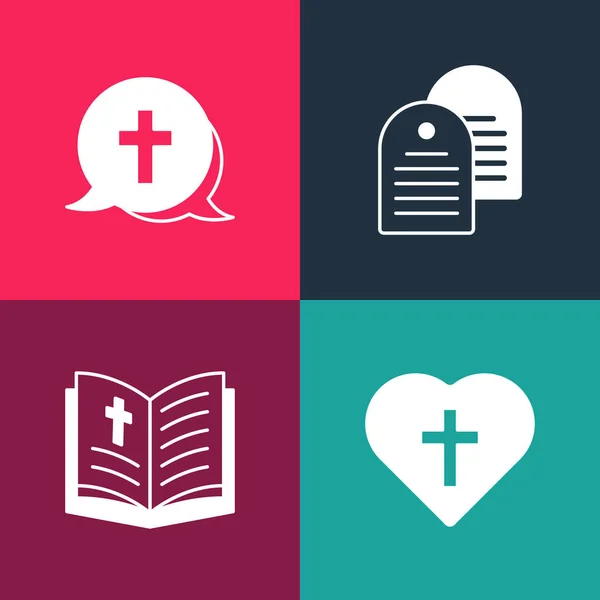 Set pop art Christian cross in heart, Holy bible book, and icon. Vector — Stock Vector
