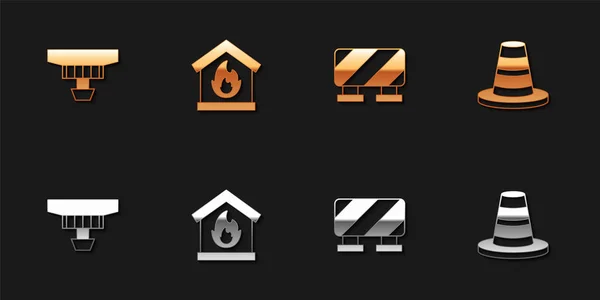 Set Smoke alarm system, Fire in burning house, Road barrier and Traffic cone icon. Vector — Vetor de Stock