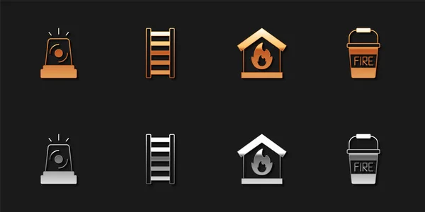 Set Flasher siren, Fire escape, in burning house and bucket icon. Vector — Vector de stock