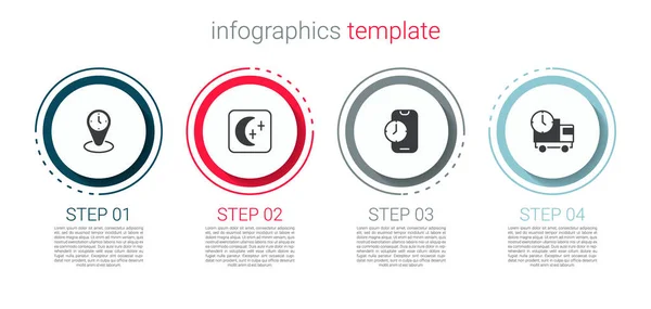 Establezca relojes de zona horaria, Luna y estrellas, Aplicación de alarma móvil y tiempo de entrega del camión. Plantilla de infografía empresarial. Vector — Vector de stock