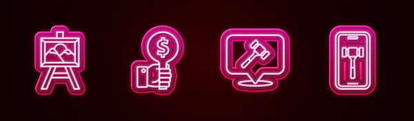 Set line Auction painting, Hand holding auction paddle, hammer and Online. Glowing neon icon. Vector —  Vetores de Stock