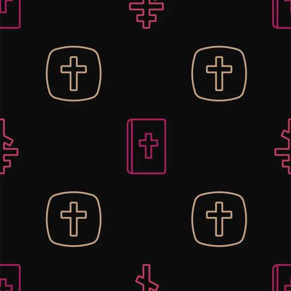 Set line Christian cross, and Holy bible book on seamless pattern. Vector — стоковый вектор