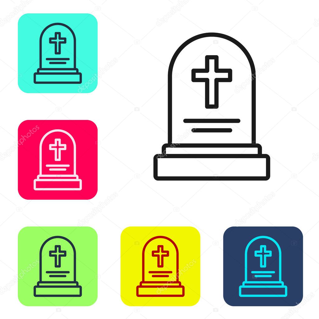 Black line Grave with tombstone icon isolated on white background. Set icons in color square buttons. Vector