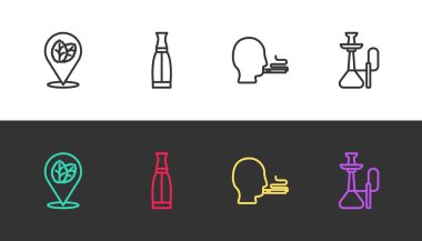 Sabit çizgi tütün yaprağı, Vape sıvı şişesi, sigara içen adam ve siyah beyaz üzerine nargile. Vektör