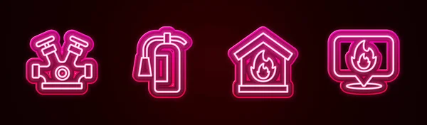 Establecer línea de hidrante de fuego, extintor, casa en llamas y ubicación con llama de fuego. Icono de neón brillante. Vector — Archivo Imágenes Vectoriales