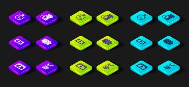 Stacks kağıt para nakit, dolar fabrikası, yüzde para, kredi kartı, dolarlı sikke, sttopwatch ve ikon. Vektör