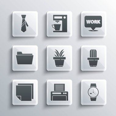 Yazıcı, bilek saati, kaktüs ve sulu tencere, bitki, not etiketleri, belge klasörü, metin çalışma simgesiyle kravat ve konum ayarla. Vektör