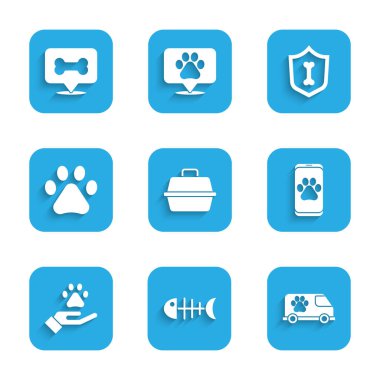 Set Pet carry case, Fish skeleton, Veterinary ambulance, clinic, Hands with animals footprint, Paw, Animal health insurance and Dog bone icon. Vector
