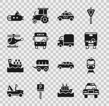Polis arabası ve teşhirci, tren yolu, otobüs, taksi, helikopter, denizaltı ve kargo kamyonu ikonu ayarlayın. Vektör