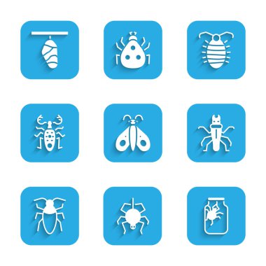 Kelebek, örümcek, kavanoz, termit, hamam böceği, böcek geyiği, larva böceği ve kozun simgesi. Vektör