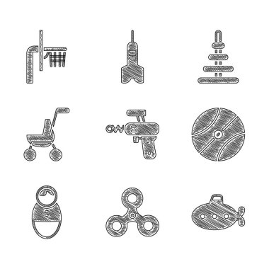 Ray silahı, Fidget fırıldağı, denizaltı oyuncağı, basketbol topu, Tumbler bebeği, bebek arabası, piramit ve arkası ikonu. Vektör