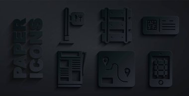 Rota konumu, QR bilet treni, News, Buy online, Railway, tren yolu ve kafe ve restoran ikonu. Vektör