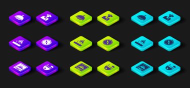 Set Cruise ship, Coconut cocktail, Compass, Tourist and Covered with tray icon. Vector