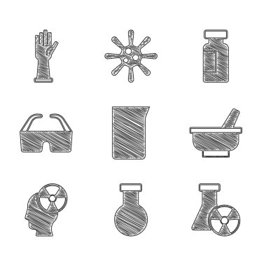 Set Laboratory glassware or beaker, Test tube and flask, radiation, Mortar pestle, Head symbol, Safety goggle glasses, and Medical rubber gloves icon. Vector