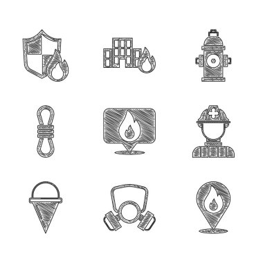 Konumu yangın alevi, gaz maskesi, itfaiyeci, koni kovası, tırmanma ipi, yangın musluğu ve koruma kalkanı ikonu ile ayarlayın. Vektör