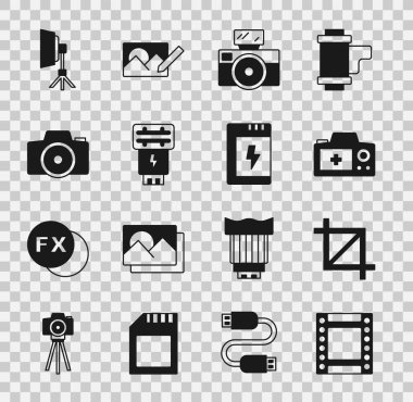 Kamera rulo kartuşu, resim ekini fotoğrafı, fotoğraf makinesi, flaş, Softbox ışığı ve simge için pil ayarlayın. Vektör