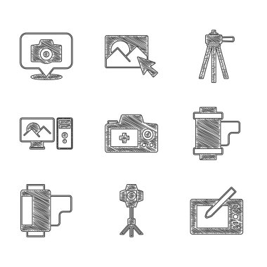 Fotoğraf makinesini, Softbox ışığını, grafiksel tableti, kamera rulo kartuşunu, rötuşlamayı, tripod ve simgeyi ayarla. Vektör