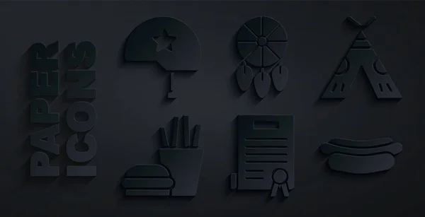 Set Declaration of independence, Indian teepee or wigwam, Burger and french fries, Hotdog sandwich, Dream catcher with feathers and Military helmet icon. Vector — Διανυσματικό Αρχείο