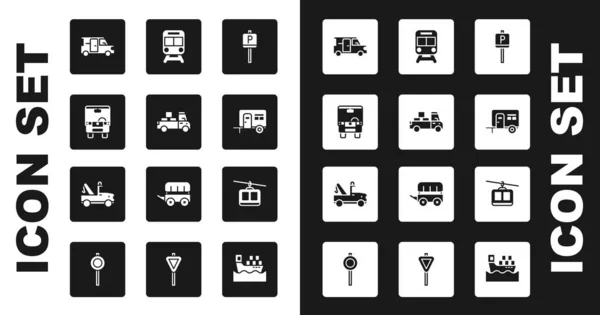 Set Parking, Delivery truck, Bus, Minibus, Rv Camping trailer, Train and railway, Cable car and Tow icon. Vector — Image vectorielle