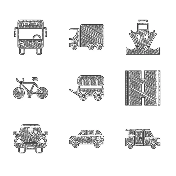 集狂野西行四轮马车、驼背车、小巴、公路、汽车、自行车、货船和巴士图标为一体。B.病媒 — 图库矢量图片