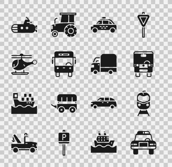 Polis arabası ve teşhirci, tren yolu, otobüs, taksi, helikopter, denizaltı ve kargo kamyonu ikonu ayarlayın. Vektör