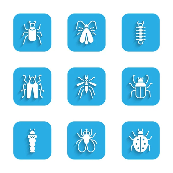 Set Mosquito, Insect fly, Mite, Stink bug, Larva insect, Beetle, Centipede and icon. Vector — Image vectorielle