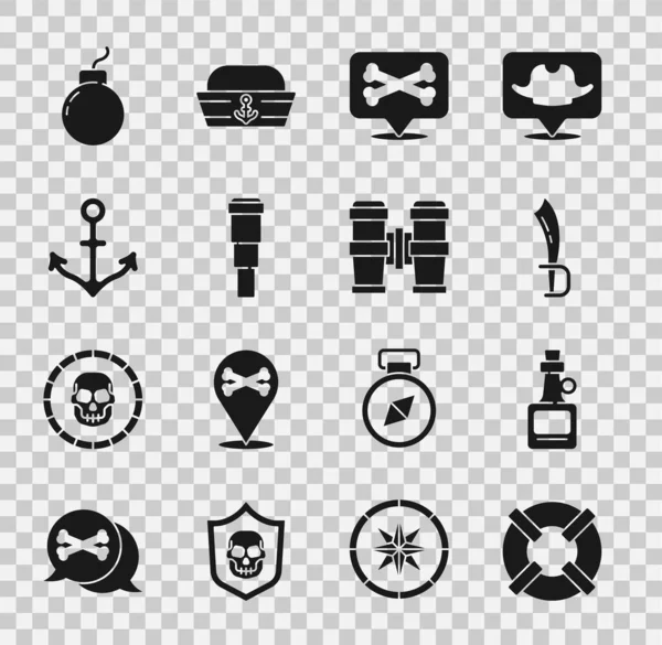 Lifebuoy, Alkol içeceği rom, Korsan kılıcı, Konum korsanı, Spyglass teleskop lensi, Anchor, Bomba patlamaya hazır ve dürbün simgesi. Vektör