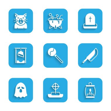 Lollipop, haçlı Tombstone, Kamp feneri, Bıçak, Hayalet, Giyotin, RIP yazıları ve Kedi ikonu. Vektör