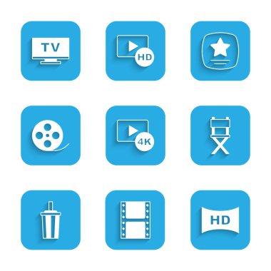 Ekran TV 'yi 4K, Play videosu, HD film, bant, çerçeve, yönetmen koltuğu, kağıt cam su, film makarası, Şöhret Yürüyüşü ve Akıllı TV ikonu ile ayarla. Vektör