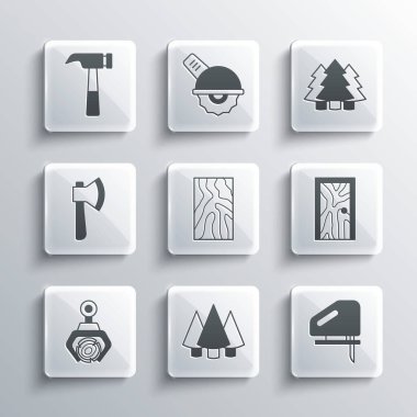 Noel ağacı, elektrikli yapboz, kapalı kapı, tahta kiriş, tutucu vinç, balta, çekiç ve ikon. Vektör