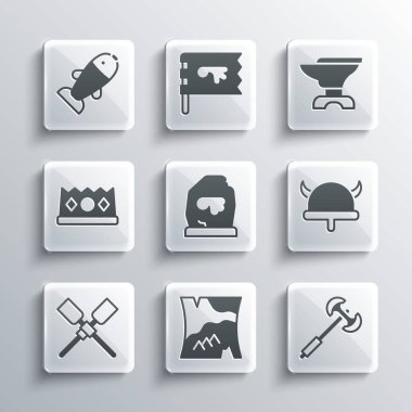 Katlanmış harita, Ortaçağ kutup baltası, boynuzlu kasklı Viking, Sihirli rün, kürekli tekne, Kral tacı, demircilik ikonu için balık ve örs. Vektör